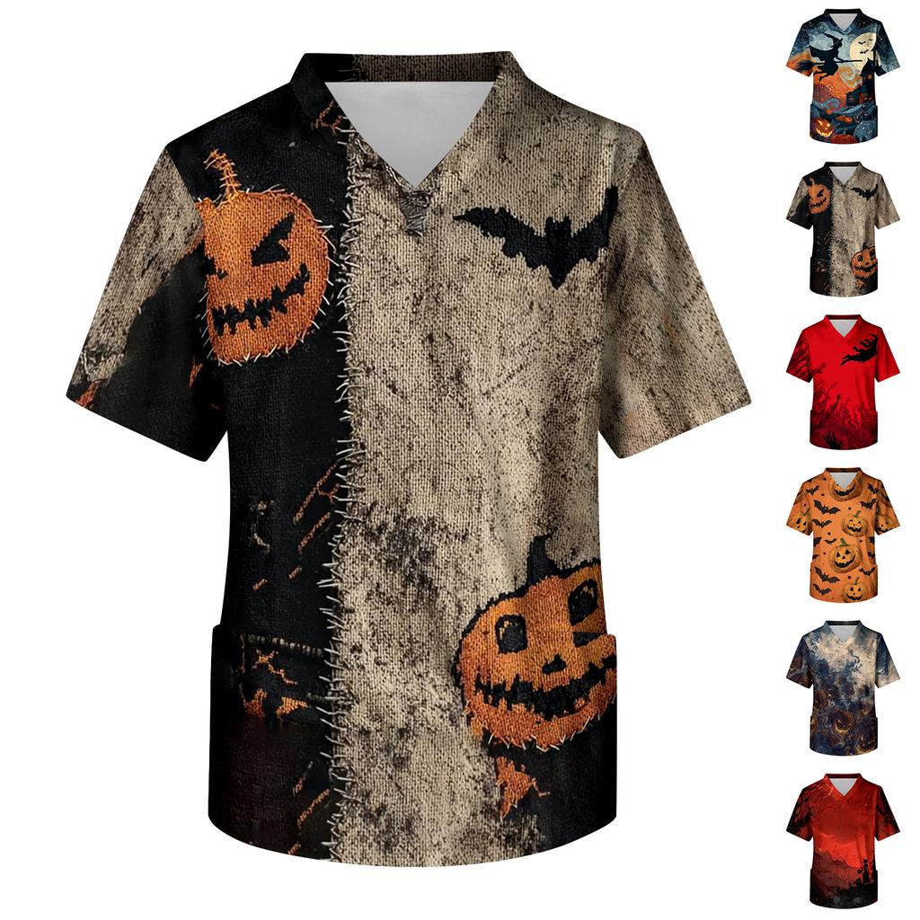Men's Short Sleeve V Neck Halloween Print Pocket Scrub Top Medical Workwear Uniform Comfortable Fit Breathable Fabric