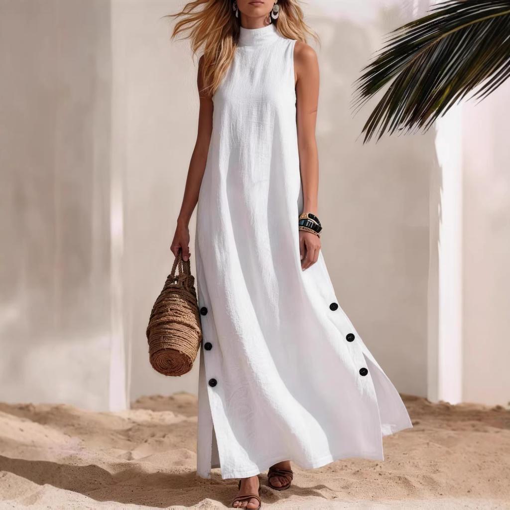 Vestido Largo sin Mangas de Cuello Alto para Mujer Abertura Lateral con Botones Color Sólido Casual Holgado