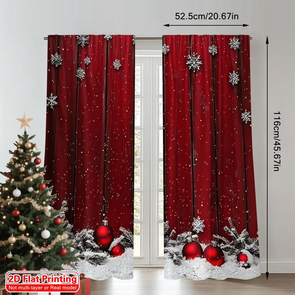 2D Flat Printing 2pcs Merry Christmas Curtain Festive Snowflakes and Pine Branches Versatile 100% Polyester Without Electricity