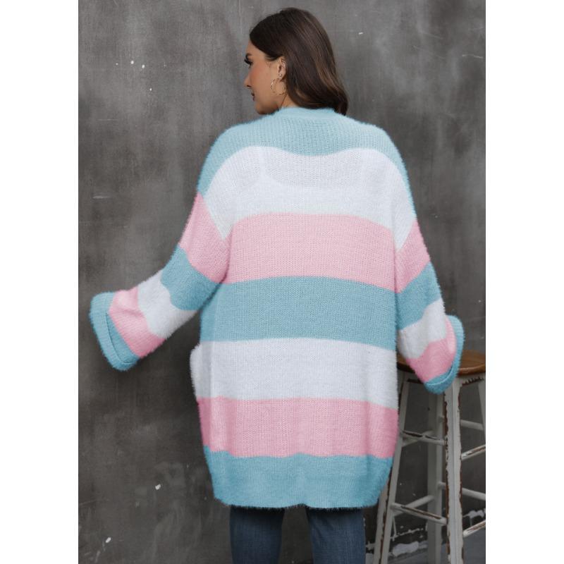 Women S Plus Size Striped V Neck Long Sleeve Knit Cardigan Coat