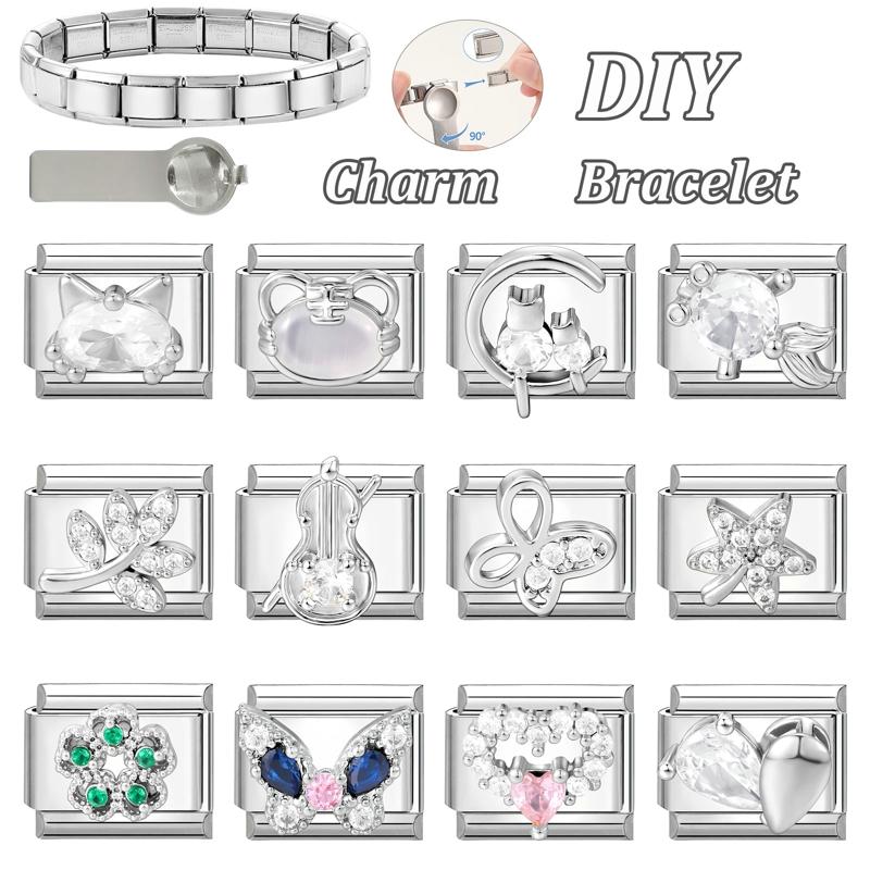 Shiny Y2K Zircon Butterfly Leaf Moon Cat Flower Fish Italian Charm Links Fit 9mm Stainless Steel Bracelet Women DIY Making Gifts