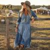 Boho Style Dress Denim Print Maxi for Women, Casual Long Sleeve V A-line Neck Dress, Summer Loose Flowy Vacation Women