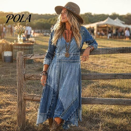 Boho Style Dress Denim Print Maxi for Women, Casual Long Sleeve V A-line Neck Dress, Summer Loose Flowy Vacation Women