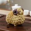 Tea Pet Ceramic Clay Table Ornament Good Luck Charm Sheep Figurine Headup Ylw