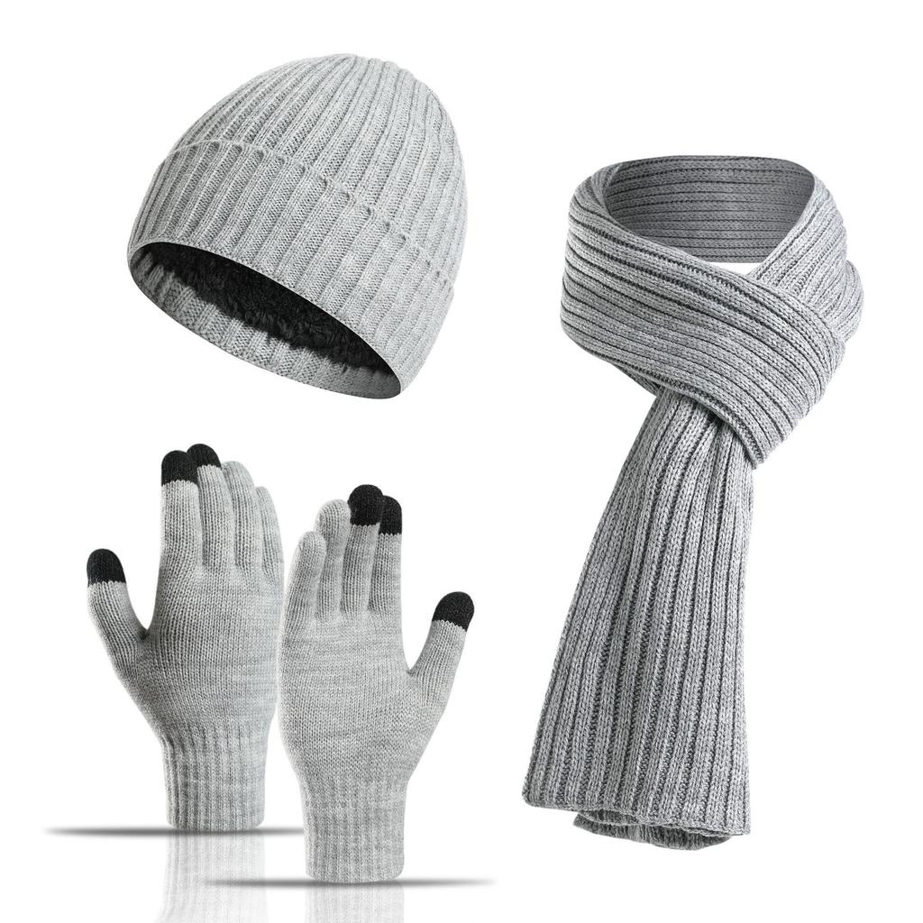 Unisex Custom Logo 3pcs Knitted Plain Polyester/Cotton Beanie Hat Scarf Gloves Set Long Warm Winter Clothing for Men Women