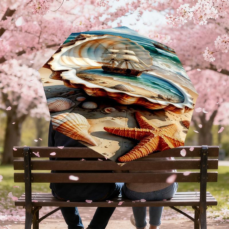 1PC Seashell Ocean Umbrella-8-Rib Reinforced, Automatic Open, Lightweight & Durable, Fashion Accessory for Outdoor, J0370