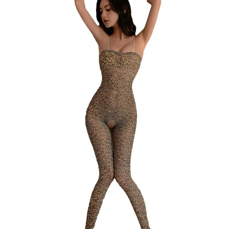Sexy Lingerie Suspender Tube Top Leopard Print One-piece Socks Open Crotch Free of Temptation To Tear