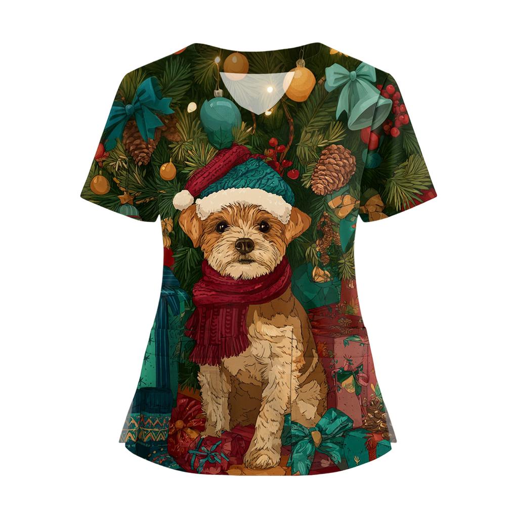 Damski T-shirt z krótkim rękawem z nadrukiem świątecznym, dekoltem w serek, zapinany na guziki z rozcięciem z boku