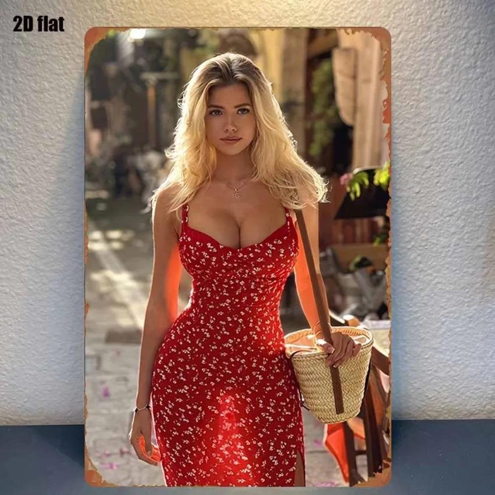 Vintage Metallwanddekoration - Schöne Blonde Frau Rotes Blumenkleid Haus Restaurant Bar Café Klassisches Schild