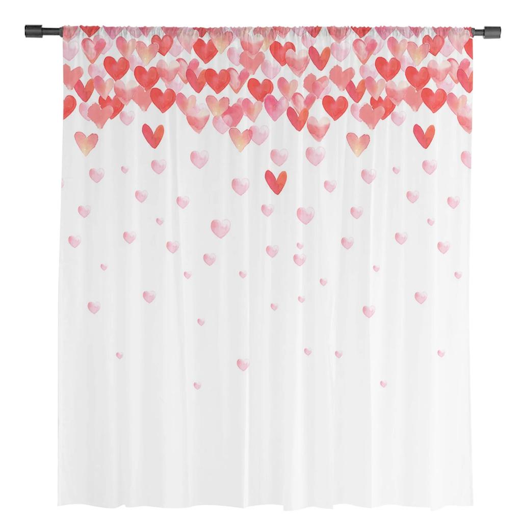 Valentine'S Day Love Watercolor Simple Sheer Curtains Living Room Bedroom Voile Window Curtain Balcony Kitchen Tulle Drapes