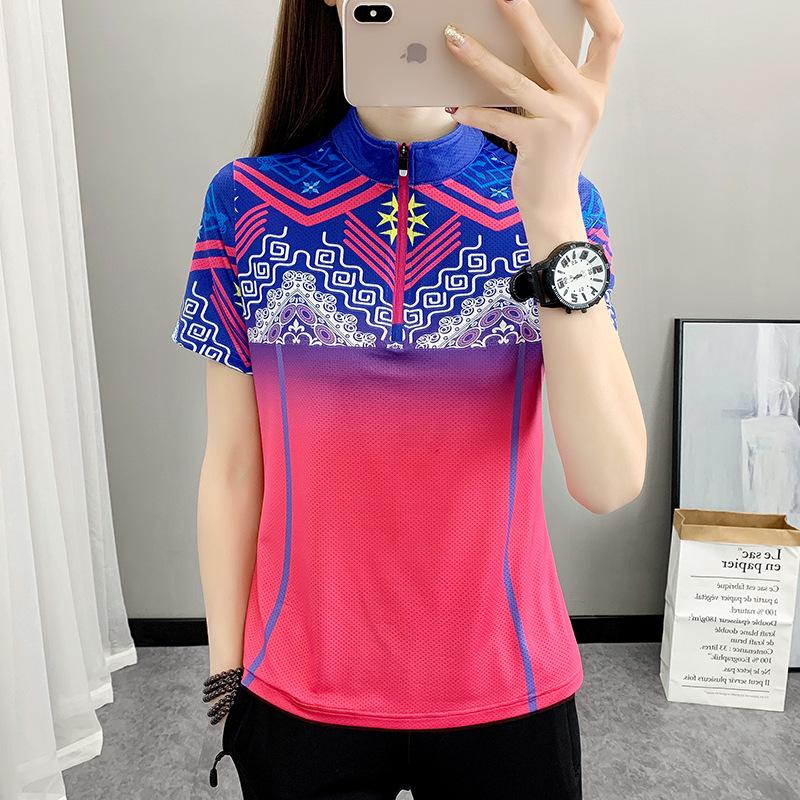 Outdoor stand-up collar printed quick-drying clothes women s short-sleeved T-shirt light and breathable quick-drying clothes sports hiking summer M