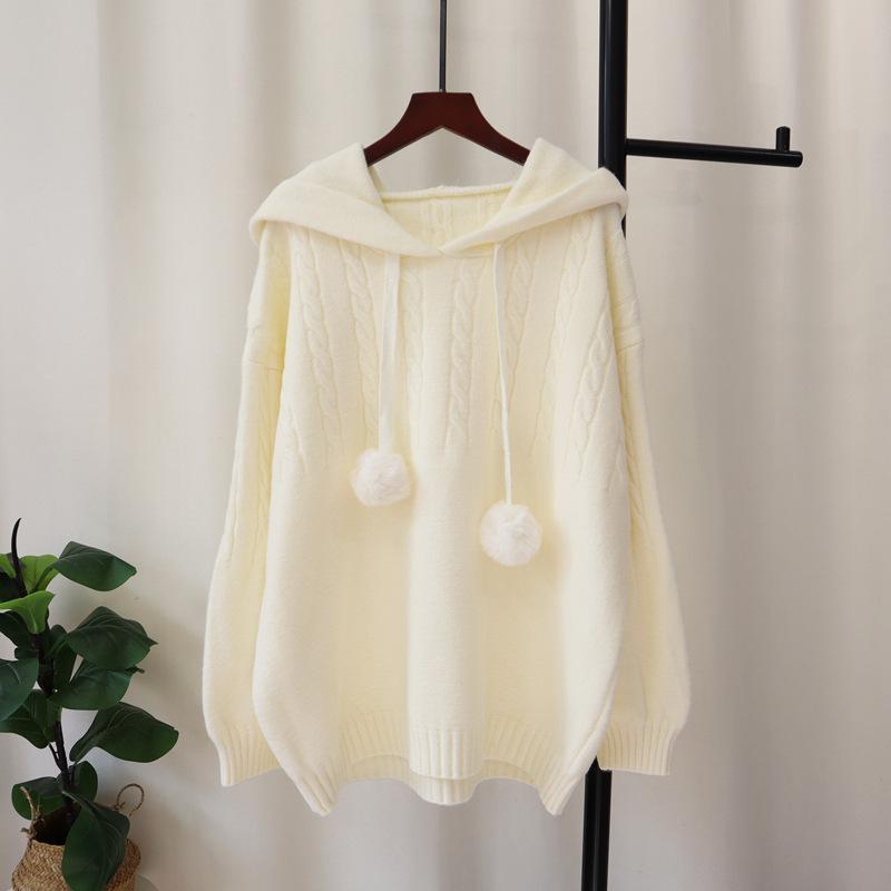 Hooded soft waxy knitted sweater top autumn and winter new loose milk fufu lazy wind sweater pullover woman