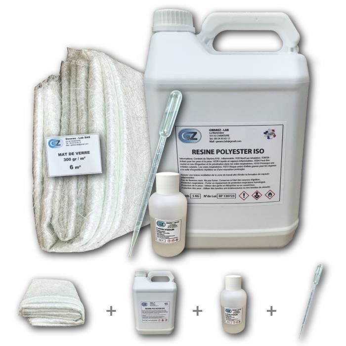 6 m² Tissu de verre 300 gr/m² + 5 Kg Résine Polyester + Catalyseur + Pipette dosage 10 ml