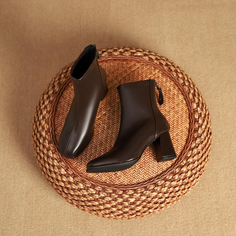 New women's boots high heel square head short boots Martin boots rear zipper short boots spring and autumn single boots women's thick heel boots