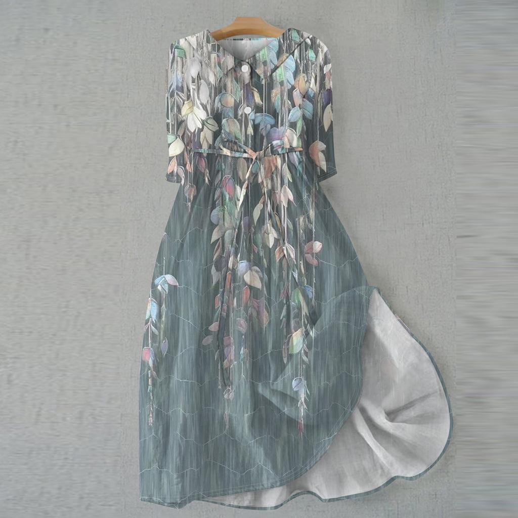 Women's Fashion Casual Printed Lapel Collar Button 3/4 Sleeve Clothing Straps Dress