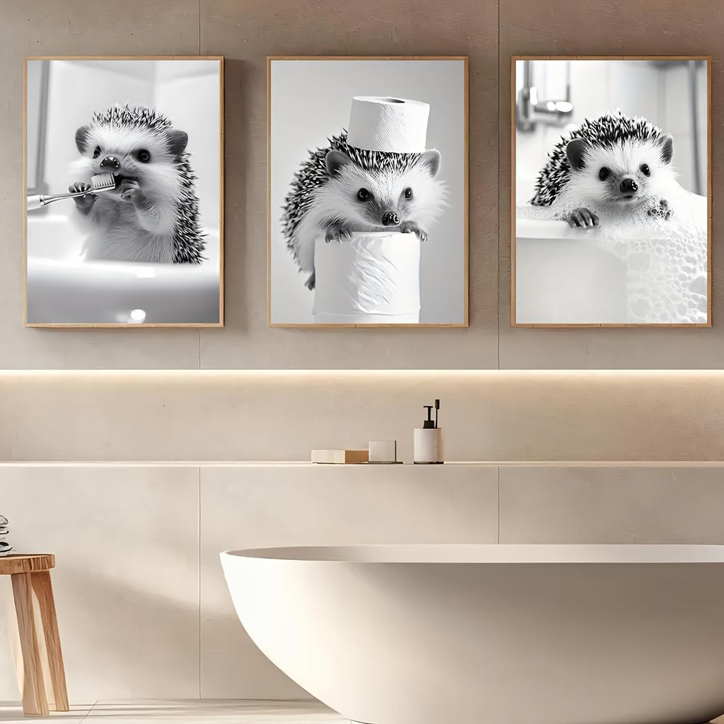 3pcs Frameless Retro Black and White Fun Animal Art Poster,bathroom Hedgehog Canvas Painting,Creative Wall Art, Birthday Present