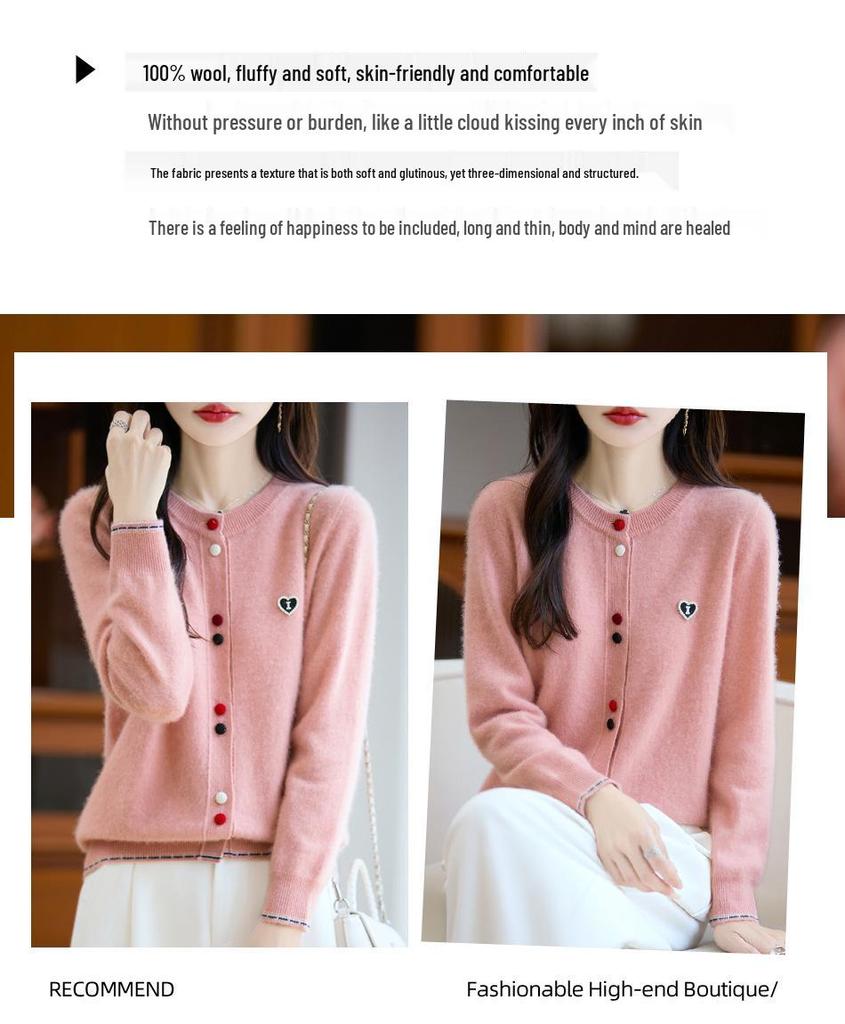 Designer Color Block Wool Cardigan - Heart Buckle, Round Neck, Versatile Casual Sweater for Autumn/Winter