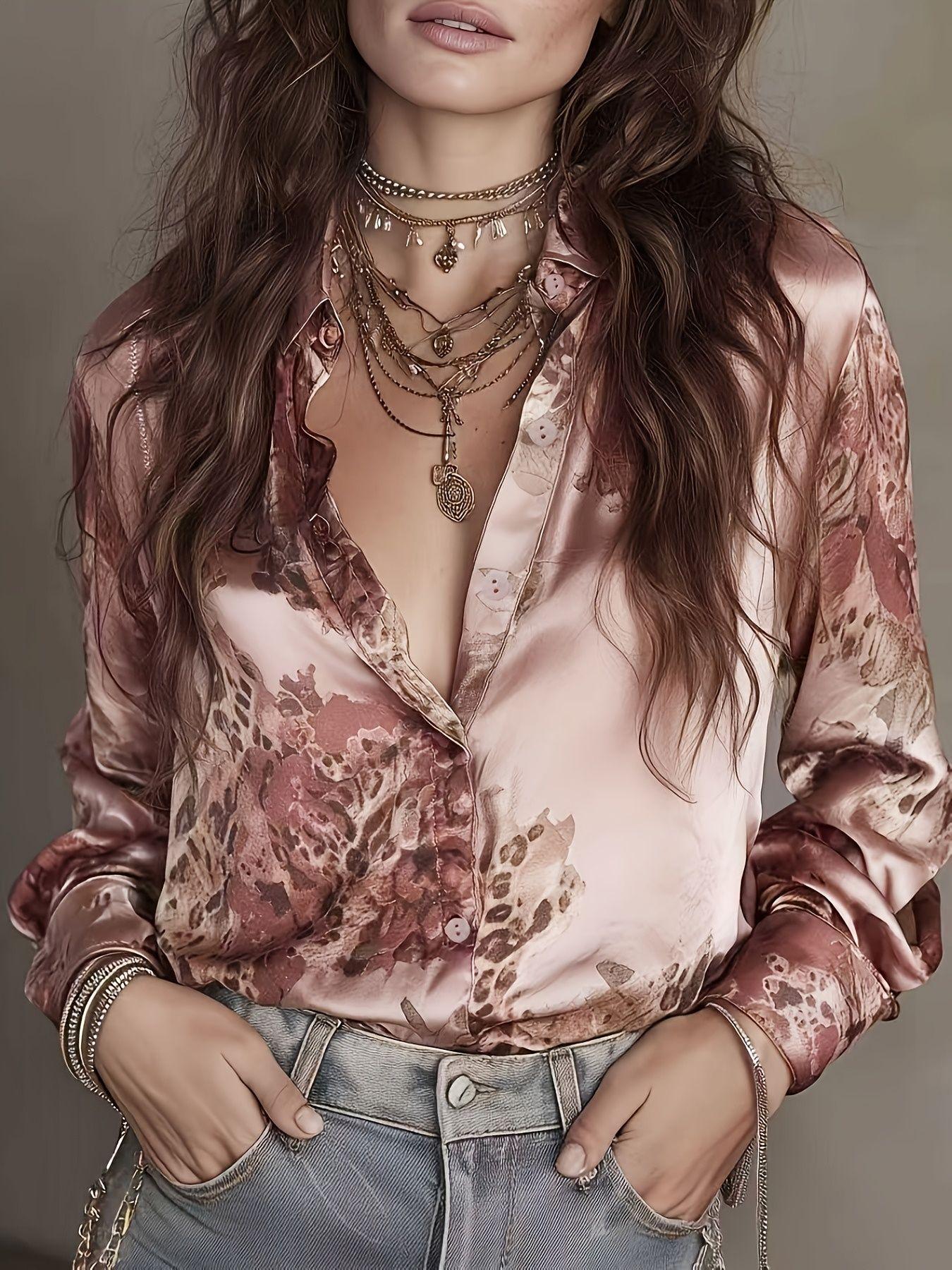 

Retro elegant women s shirt with pink spots, lazy high-end satin leopard blouse, full of spring vibe 2XL рожевий