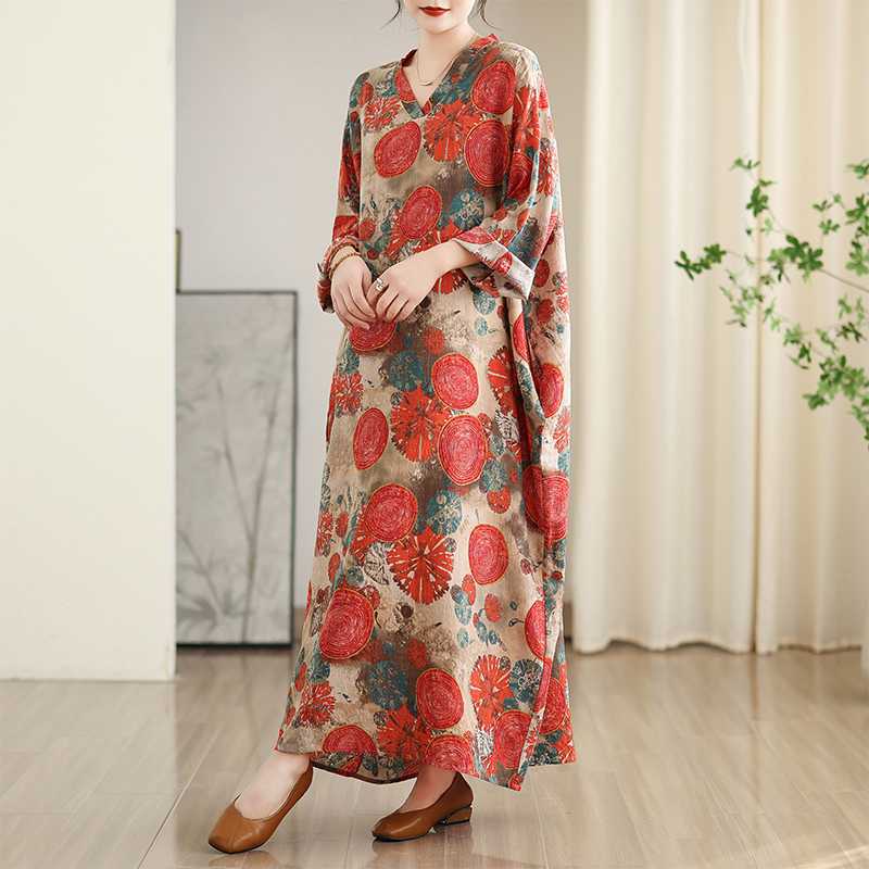 Colorful Travel V-neck Retro Long Skirt Cotton Linen Dress