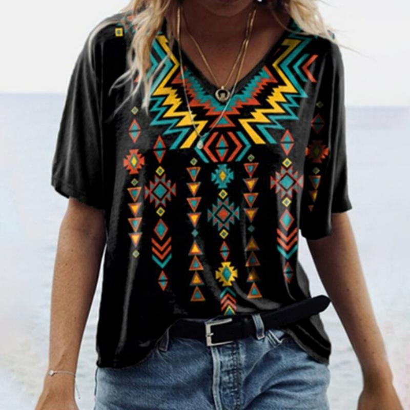 2025 Casual Sports Women's T-shirt Summer New Style Garden Collar Short Sleeve Ethnic Retro Loose Light Fabric Leisure