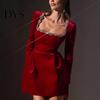 Long Sleeve Mini Dress Women Square Collar Beaded Flower Decor Formal Short High Waist Above Knee Length
