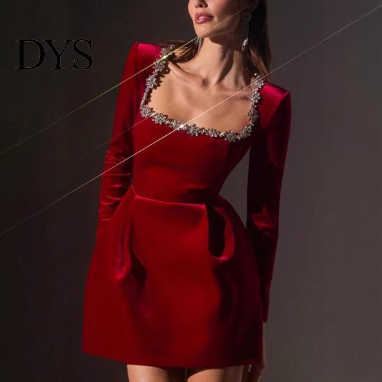 Long Sleeve Mini Dress Women Square Collar Beaded Flower Decor Formal Short High Waist Above Knee Length