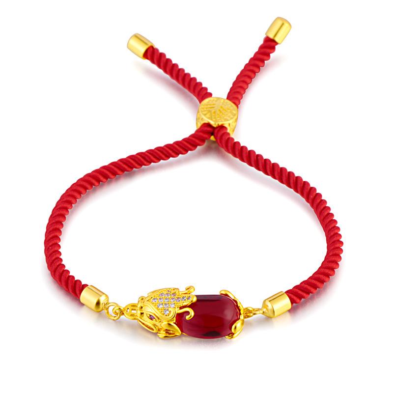 Gold Color Creative 3D Hard Agate Pixiu Braided Red Rope Bracelet Women's Accessories Jewelry