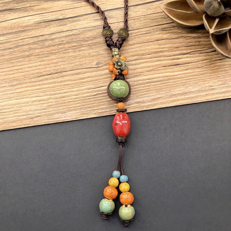 Retro Artistic Cotton-Linen Ceramic Necklace with Tassel Pendant for Women, Ethnic Forest Style, Versatile Long Sweater Chain Accessories.