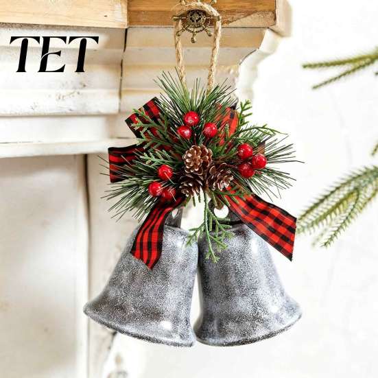 Double Bell Pendant with Pine Needles Christmas Ornaments, Metal Jingle Bells Xmas Tree Hanging Rustic Farmhouse Decorations Decoration Pinecones