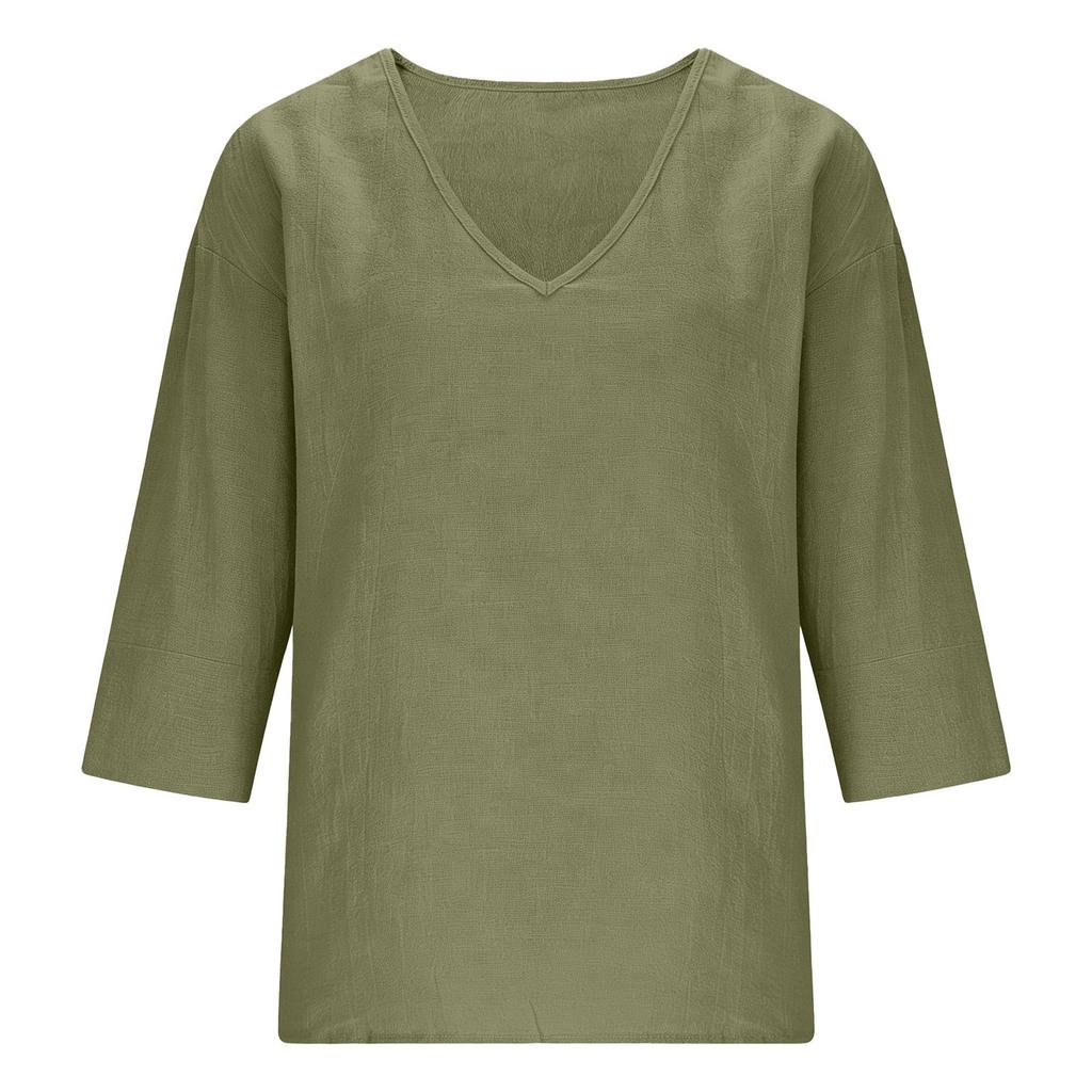 Donna Nuova Primavera Estate Cotone Slub Manica 3/4 Scollo a V Top, Blusa Casual Moda Larga