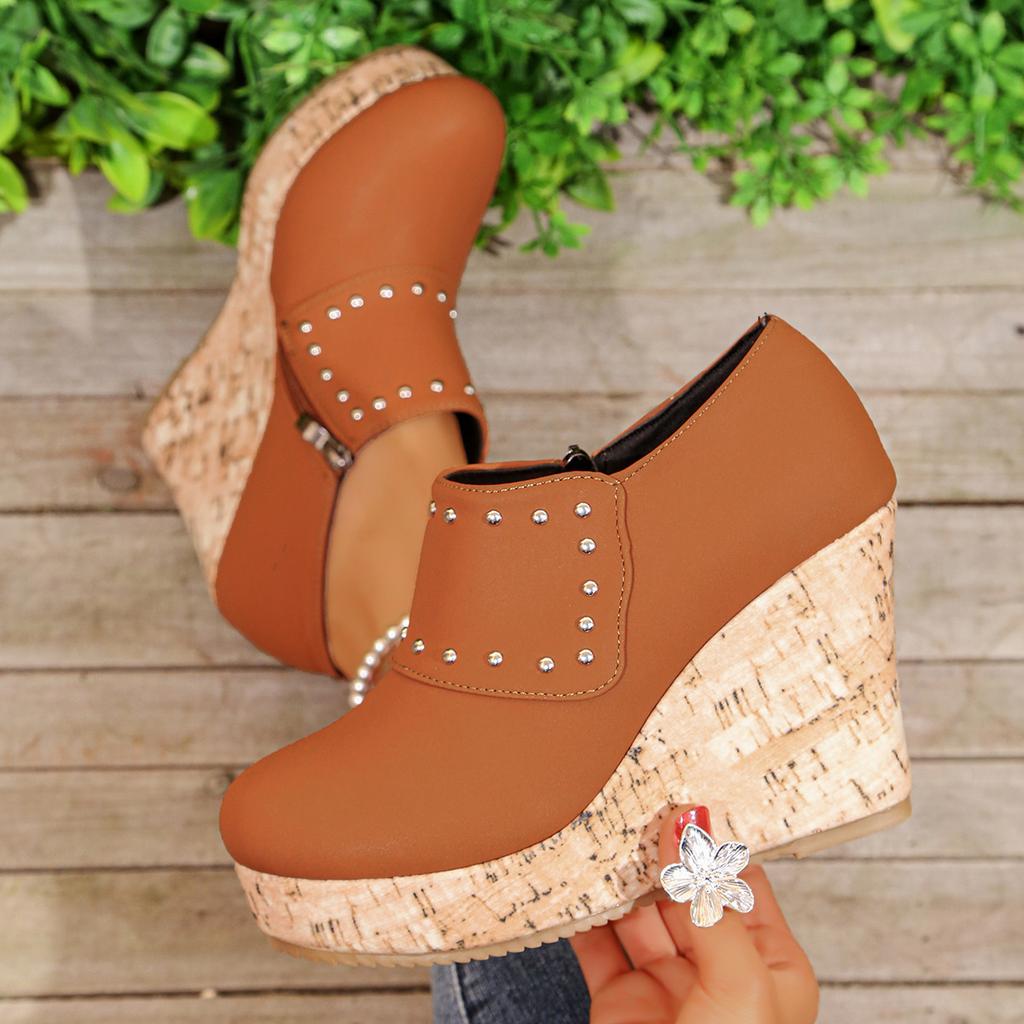 Women's Studded Platform Wedges Ankle Boots Slip-On Side Zipper Booties 2026 New Woman High Heel Pumps Zapatos Para Mujer