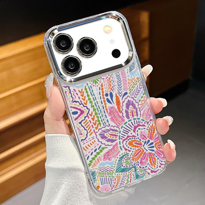 Pink Cartoon Floral Case For iPhone 17 Pro Max iPhone 16 15 14 13 Pro Max 11 17e 16e Plating Lens Frame Clear Soft Silicone Back Cover