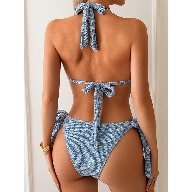 Neuer zweiteiliger Bikini Sexy Damen Einfarbig Neckholder Bademode Rückenfreier Badeanzug Eng Push-up Sommer Mini String Strand Badeanzug
