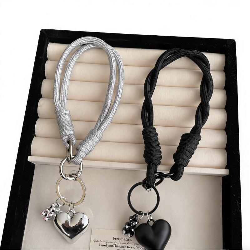 1Pc Silver Black Heart-Shaped Bear Charm For Mobile Phone Hanger Cute Mobile Phone Wristband With A Tie String
