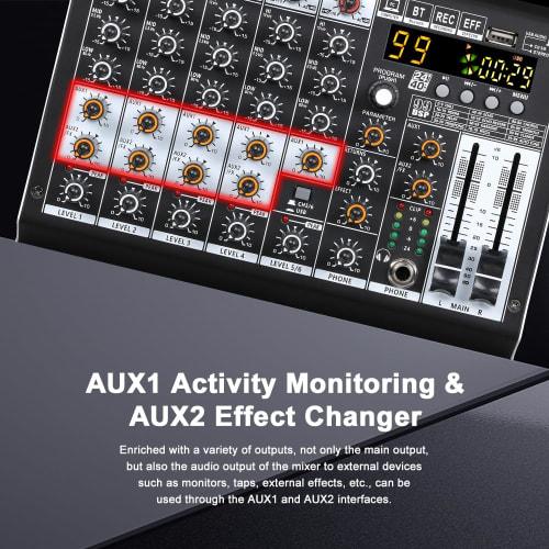 BOMGE Pro Mixer 6-Channel Mixer Console with 99 DSP Effects, +48V Phantom, Bluetooth, USB Interface, 2 AUX, and FX Processor for Studio Recording and