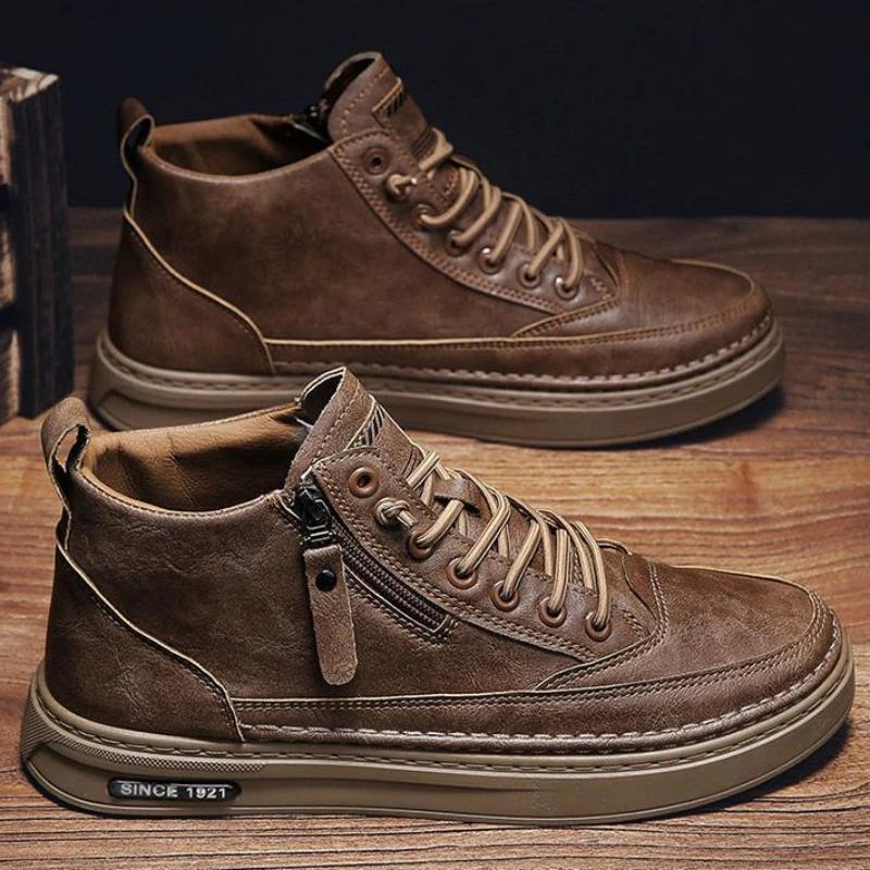 Fashion Autumn Winter Men's High Top Casual Leather Shoes Non Slip Zipper Men's Sports Shoes Men Loafers Shoes