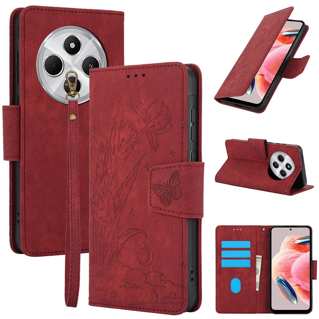 SY-001 For Xiaomi Poco C75 4G/Redmi 14R 5G/14C 4G Case Flower Butterfly Leather Wallet Phone Cover with Hand Strap