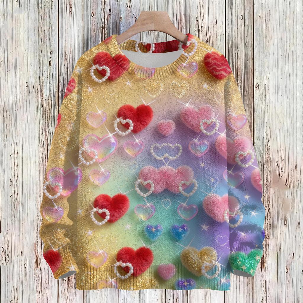 Women's Fashion Casual Long,Sleeve Valentine's Day Round,Neck Knit Pullover Top