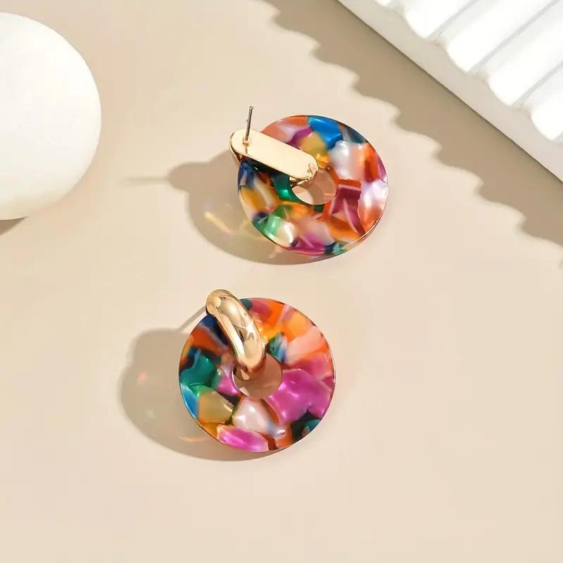 Vintage Acrylic Colorful Spliced Circul Stud Earrings for Women Ladies Creative Design Hollow Earrings Party Jewelry Accessories