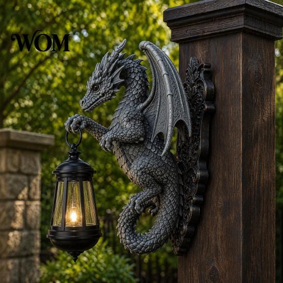 Outdoor Solar Lamp Dragon Wall Light, Vintage Resin Sculpture Lamp, Hanging Lantern Waterproof Gothic Garden for Fence Yard, Halloween Decor