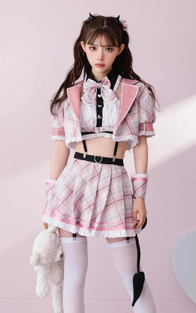 [Malymoon] Cosplay Devil Succubus Sailor Uniform Check Pattern Loose Strawberry Horns Garter Belt Knee-Highs 10-Piece Set9780 (Pink)