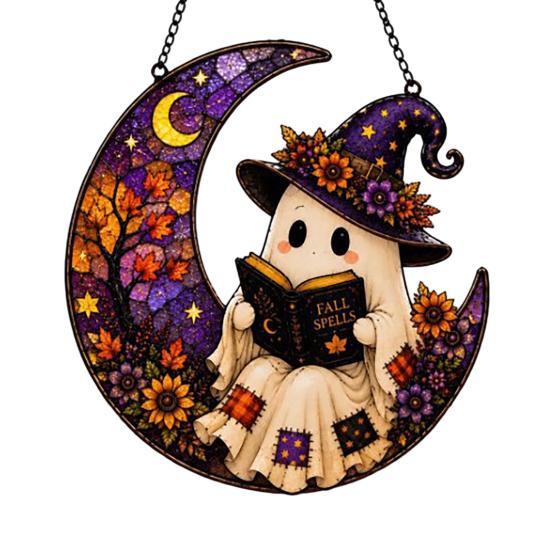 Farmhouse Exterior Ornament 2D Ghost Moon Pumpkin Acrylic Suncatcher, Halloween Window Hanging Ornament, Autumn Thanksgiving Garden Yard Wall