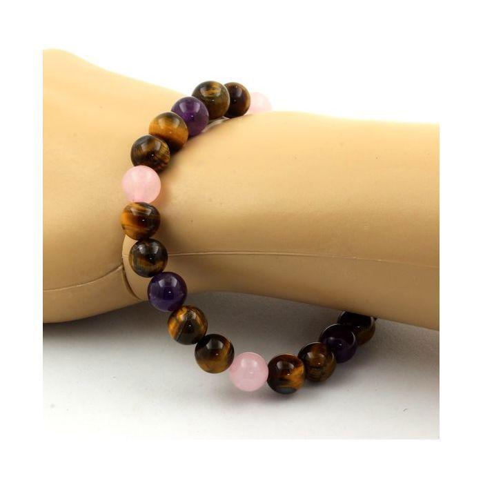 Stones and Minerals. Rose Quartz + Amethyst + Tiger Eye 8 Mm Pearl Bracelet. Made In France.