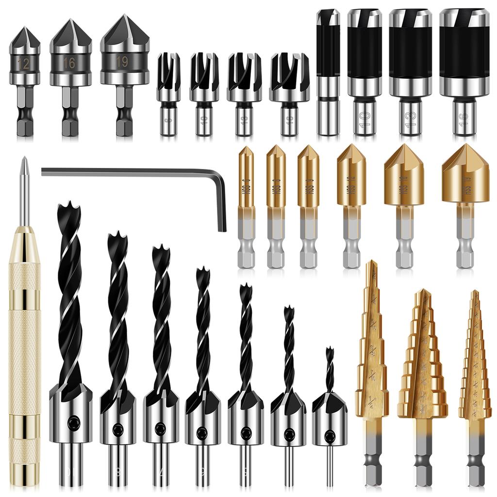 8PCS Wood Dowel Drill Bits Carbon Steel Wood Plug Cutter Countersink Drill Type Round Wood Tenon Drill Bits Round Shank