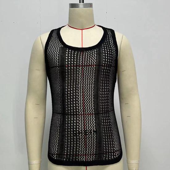 O-Neck Sleeveless Men Vest Solid Color Ribbed Trim Thin Summer Casual Hollow Out Loose Knitting Vest Sportwear