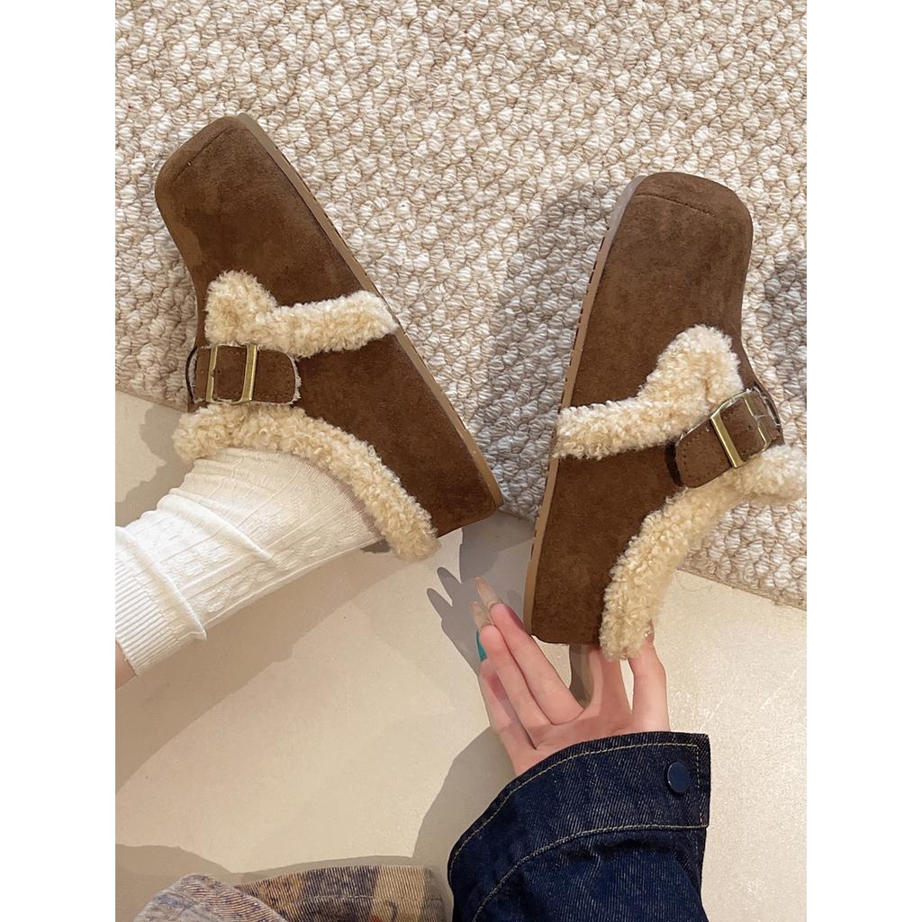 Retro thick-soled Birkenstocks, women's shoes, winter cotton shoes, piled and thickened plush bag head, and half slippers outside.