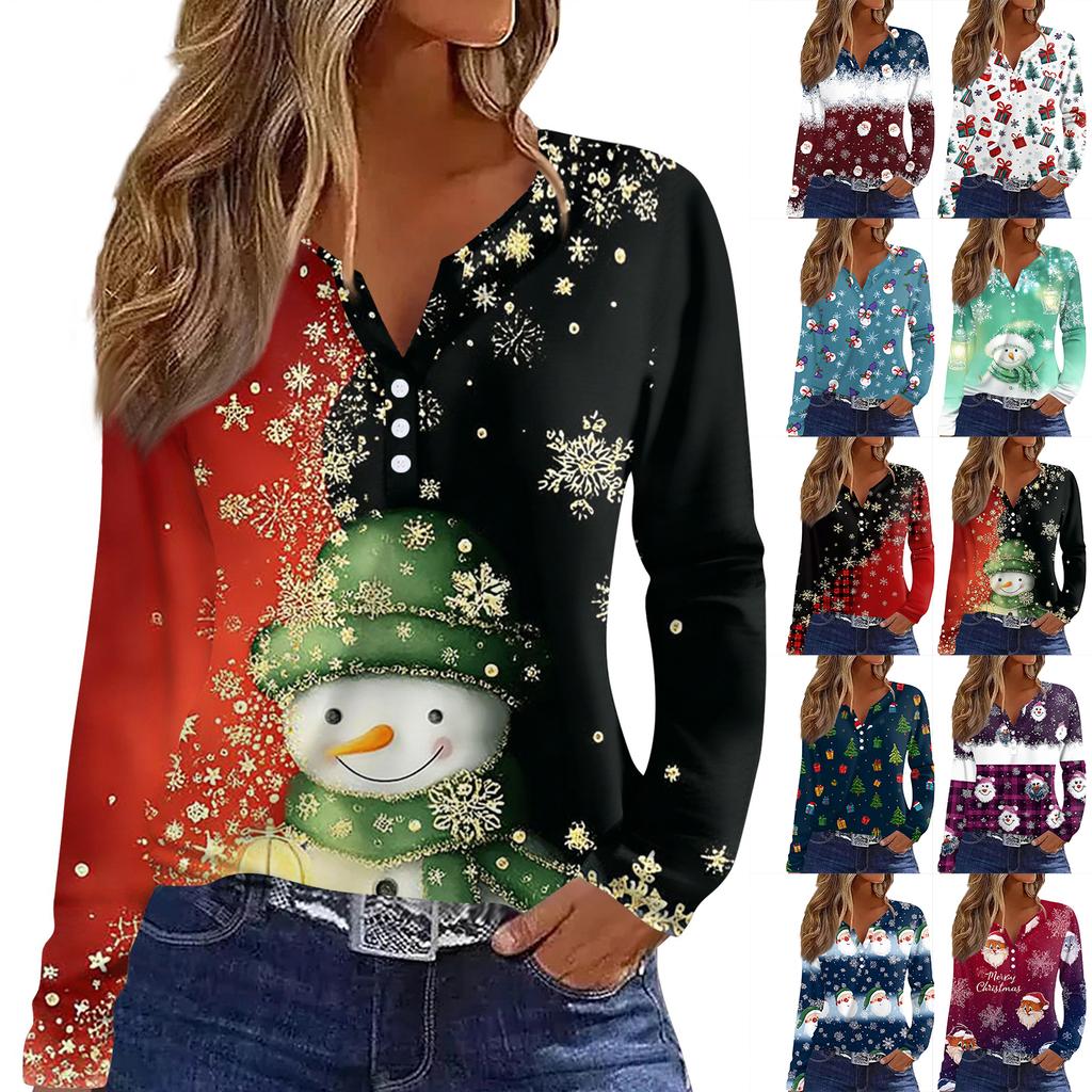 Women's T Shirt Tee Christmas Printed Button Long Sleeve Tunic Daily Weekend Fashion Basic V- Neck Regular Top