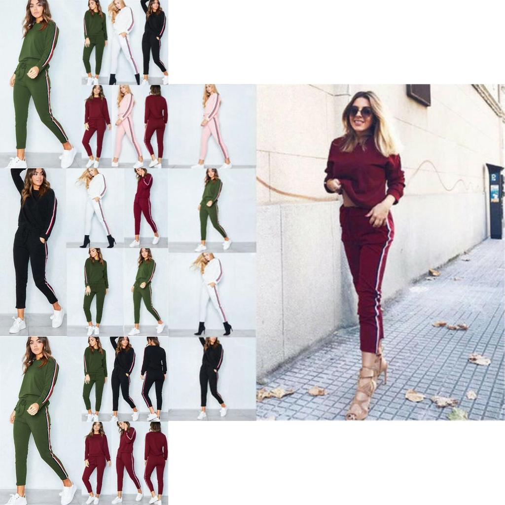 Women's 2 Pcs/set Tracksuits Comfy Striped Loungewear With O-neck And Drawstring