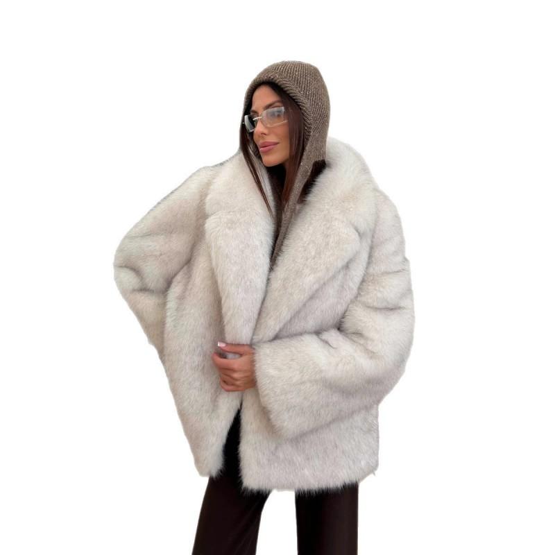 Womens Faux Fox Fur Coat Mid-Length Winter Outerwear Warm Plush Jacket Youth