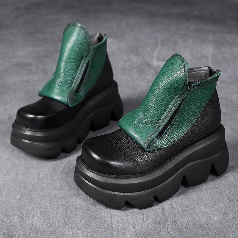 Fashion GKTINOO Handmade Wedges Boots Platform Women Genuine Leather Short Boots Round Toe Height Increasing Thick Sole Ladies Shoes